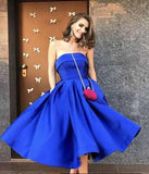 Royal Blue Satin Strapless Ball Gowns Tea Length Short Prom Dress Homecoming Dresses