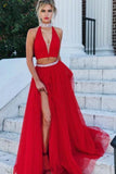 A Line Red Two Pieces V Neck Beads High Neck Slit Tulle Long Prom Dresses