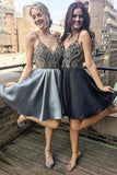 A Line Spaghetti Straps V Neck Satin Sleeveless Knee Length Grey Homecoming Dresses