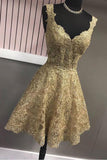 Cute A Line Gold V Neck Lace Appliques Short Prom Dresses Homecoming Dresses