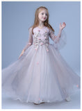 Cute V Neck Long Sleeves Tulle Floor Length A Line With Appliques Flower Girl Dresses