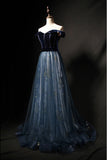 Elegant Off the Shoulder Velvet Floor Length Long Evening Dresses Prom Dresses