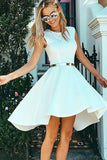 High Low Bateau Sleeveless High Neck White Satin Above Knee Homecoming Dress