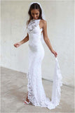 Sheath White Mermaid Round Neck Sweep Train Open Back Lace Wedding Dress with Split