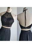 Gorgeous Halter Court Train Two Pieces Black Beads Chiffon Backless Prom Dresses