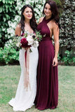 Charming Burgundy A-Line Halter Backless Maroon Chiffon Bridesmaid Dress with Sash