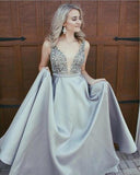 Stunning Ivory A-Line V-Neck Satin Backless Sleeveless Evening Prom Dress with Beaded