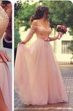 Off Shoulder Half Sleeves Pink Long Party Sweetheart Sash Bow Beads Pearls Prom Dresses