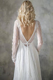 Elegant A Line V Neck Long Sleeve Ivory Lace Backless Beach Boho Wedding Dresses