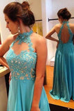 Stylish Halter Floor-Length Open Back Prom Dress with Beading Lace Top Prom Dresses