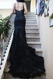 Charming Black Lace Spaghetti Strap Sweetheart Backless Mermaid Sweep Train Evening Dresses