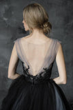 Chic A-Line Scoop Black Appliques Sweetheart Tulle Evening Dresses Prom Dresses