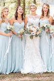 Simple A-Line Sweetheart Light Blue Long Spaghetti Straps Chiffon Bridesmaid Dress with Pleats