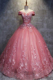 Ball Gown Off-the-Shoulder Watermelon Tulle Sweetheart Cheap Wedding Dresses with Appliques