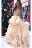 Princess Luxurious Spaghetti Straps V-Neck Beading Bodice Tulle Long Prom Dress with Layers