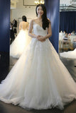 Elegant White A-Line Scoop Neck Tulle Backless Sleeveless Appliques Wedding Dress