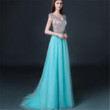 Unique Custom Ball Gown Long Scoop Backless Beaded Bodice Tulle Long Prom Dresses