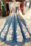 Glitter Blue Off The Shoulder Lace Up Long Ball Gown Wedding Dresses Princess Dresses