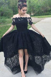 Vintage A-Line Off the Shoulder Black Lace High Low Short Sleeve Prom Homecoming Dresses