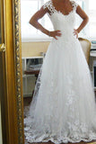 Capped Sleeve Open Back Lace Appliques Beach Wedding Dresses