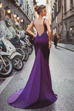 Sexy Sheath Column Regency Long Cheap Satin Mermaid Purple Beads Prom Dresses