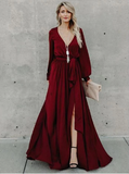 Simple A-line Burgundy Long Sleeve Long Prom Dresses