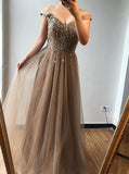 Brown A-line Off-the-shoulder Beaded Long Prom Dresses Evening Gown