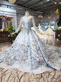 Stunning Light Blue Long Sleeve Wedding Dresses High Neck Quinceanera Dresses