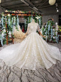 Lace Half Sleeve Round Neck Ball Gown Wedding Dresses Fashion Beads Wedding Gown