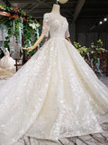 Lace Half Sleeve Round Neck Ball Gown Wedding Dresses Fashion Beads Wedding Gown