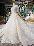 Lace Half Sleeve Round Neck Ball Gown Wedding Dresses Fashion Beads Wedding Gown