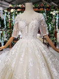 Lace Half Sleeve Round Neck Ball Gown Wedding Dresses Fashion Beads Wedding Gown