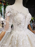 Lace Half Sleeve Round Neck Ball Gown Wedding Dresses Fashion Beads Wedding Gown