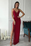 Burgundy Spaghetti Straps Side High Slit V Neck Satin Mermaid Long Prom Dresses uk PW311