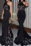 Fabulous Halter Mermaid Sweep Train Black Appliques Bridesmaid Dress with Lace