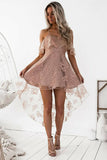 Cute A-Line High Low Blush Pink Spaghetti Straps Lace Short Homecoming Dresses