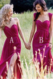 Red Cheap Chiffon Floor Length Side Split Long Sweetheart Sleeveless Bridesmaid Dress