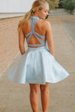 Cute Two Piece High Neck Pockets Satin Short Light Blue Beaded Homecoming Dresses