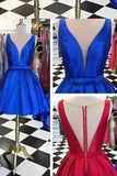 A-line Knee-Length V-neck Satin Red/Blue Ribbon Homecoming Dress