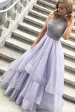 Charming A-Line High Neck Purple Beads Open Back Tulle Evening Dress Prom Dresses