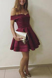 A Line Satin Burgundy Off the Shoulder Sweetheart Above Knee Homecoming Dresses