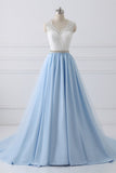 A-Line V-Neck Lace Top Sky Blue Skirt Cheap Sweetheart Tulle Satin Prom Dresses with Sash