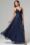 A-line Dark Navy Spaghetti Straps V-neck Lace Prom Dresses