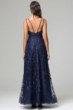 A-line Dark Navy Spaghetti Straps V-neck Lace Prom Dresses