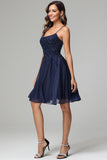 Dark Navy A-line Spaghetti Straps Chiffon Homecoming Dress with Beads