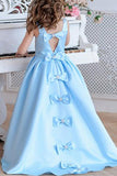 Princess A Line Sky Blue Satin Flower Girl Dresses with Bowknot, Baby Dresses STI15586