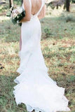 V Neck Backless Sheath White Wedding Dresses Long Simple PYNFS3DB