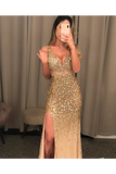 Gold Beaded Glistening Illusion V Neck Party Dress Backless Mermaid Long Prom STIP9TPGCT9