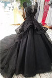 Gorgeous Black Ball Gown Wedding Dress With Cap Sleeves Long Bridal Dress P6RZEX1H