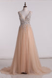 2024 New Arrival V Neck Open Back Prom Dresses A Line Tulle PGPT6388